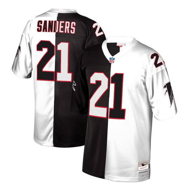 Men's Atlanta Falcons #21 Deion Sanders Black/White Split Mitchell & Ness Stitched Jersey
